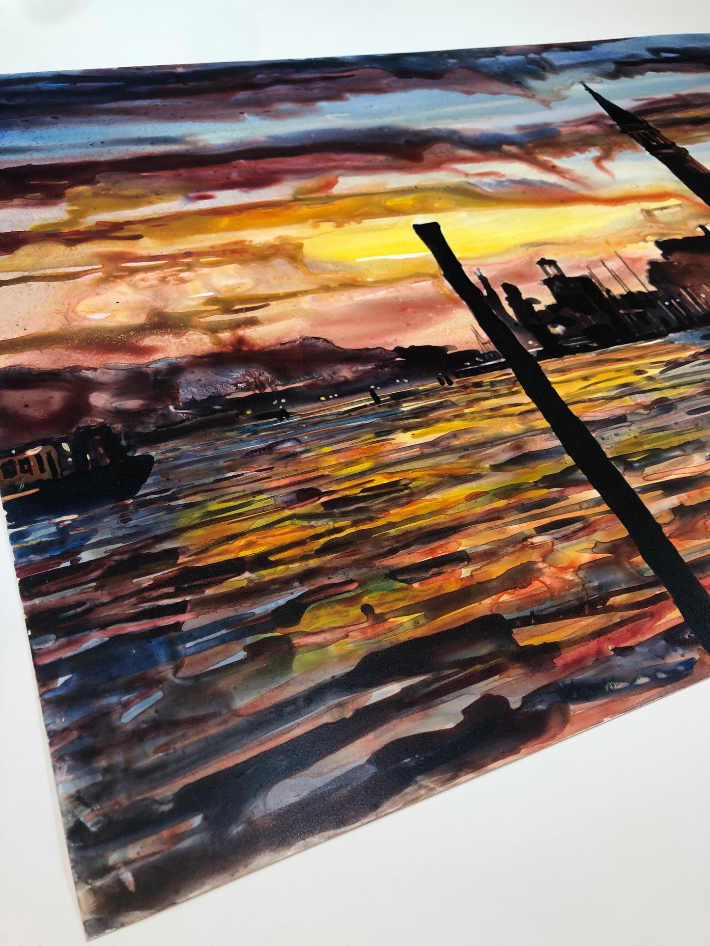 Moody and colorful watercolor of Venice under the moon, perfect for home or office display.