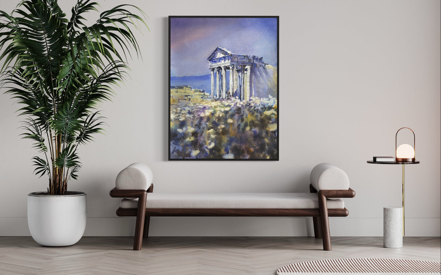 Pintura del templo romano en las ruinas de Dougga en Túnez-África. Ruinas romanas Túnez acuarela pintura bellas artes (original)