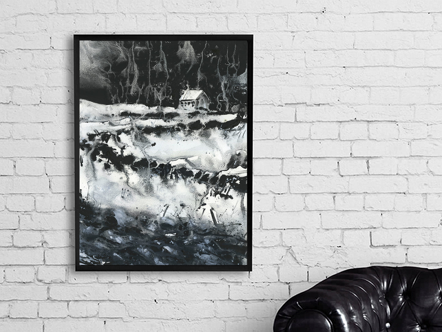 Pintura de acuarela de la iglesia de Islandia. Pintura monocromática en acuarela en blanco y negro Impresión de obras de arte del paisaje de la iglesia islandesa Reykjavik (impresión)