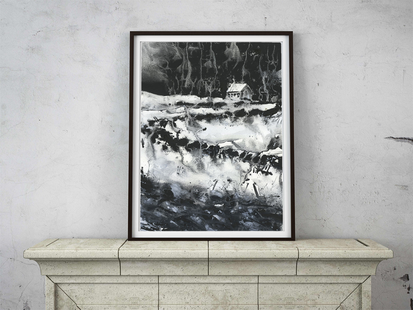 Pintura de acuarela de la iglesia de Islandia. Pintura monocromática en acuarela en blanco y negro Impresión de obras de arte del paisaje de la iglesia islandesa Reykjavik (impresión)