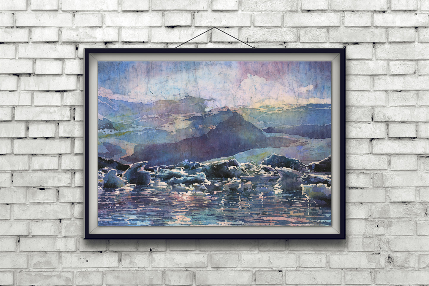 Icelands Diamond beach at Vatnajökull National Park. Iceland glacier and icebergs floating into sea at sunset watercolor batik painting Iceland home decor (print)