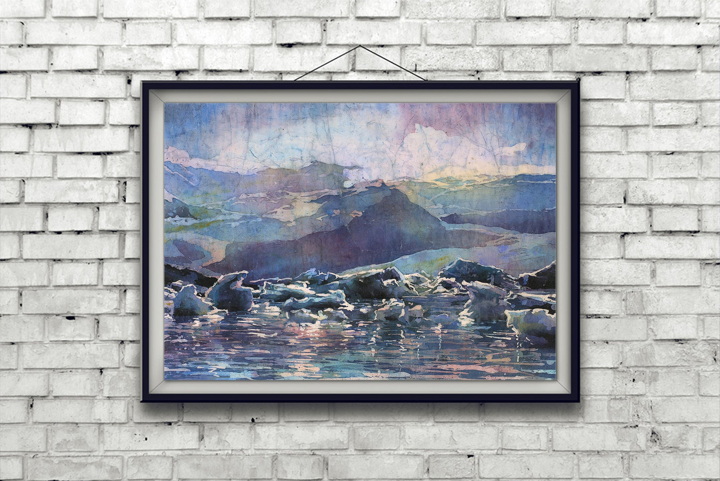 Icelands Diamond beach at Vatnajökull National Park. Iceland glacier and icebergs floating into sea at sunset watercolor batik painting Iceland home decor (original painting)