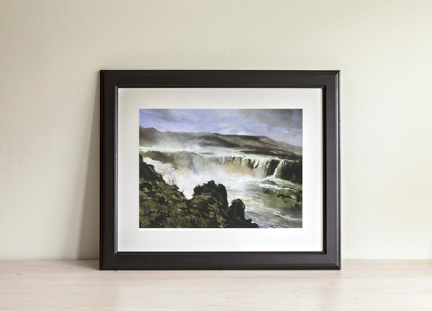 Icelandic waterfall watercolor painting.  Godafoss waterfall Icelandic landscape watercolor painting fine art Icelandic home decor (original painting)