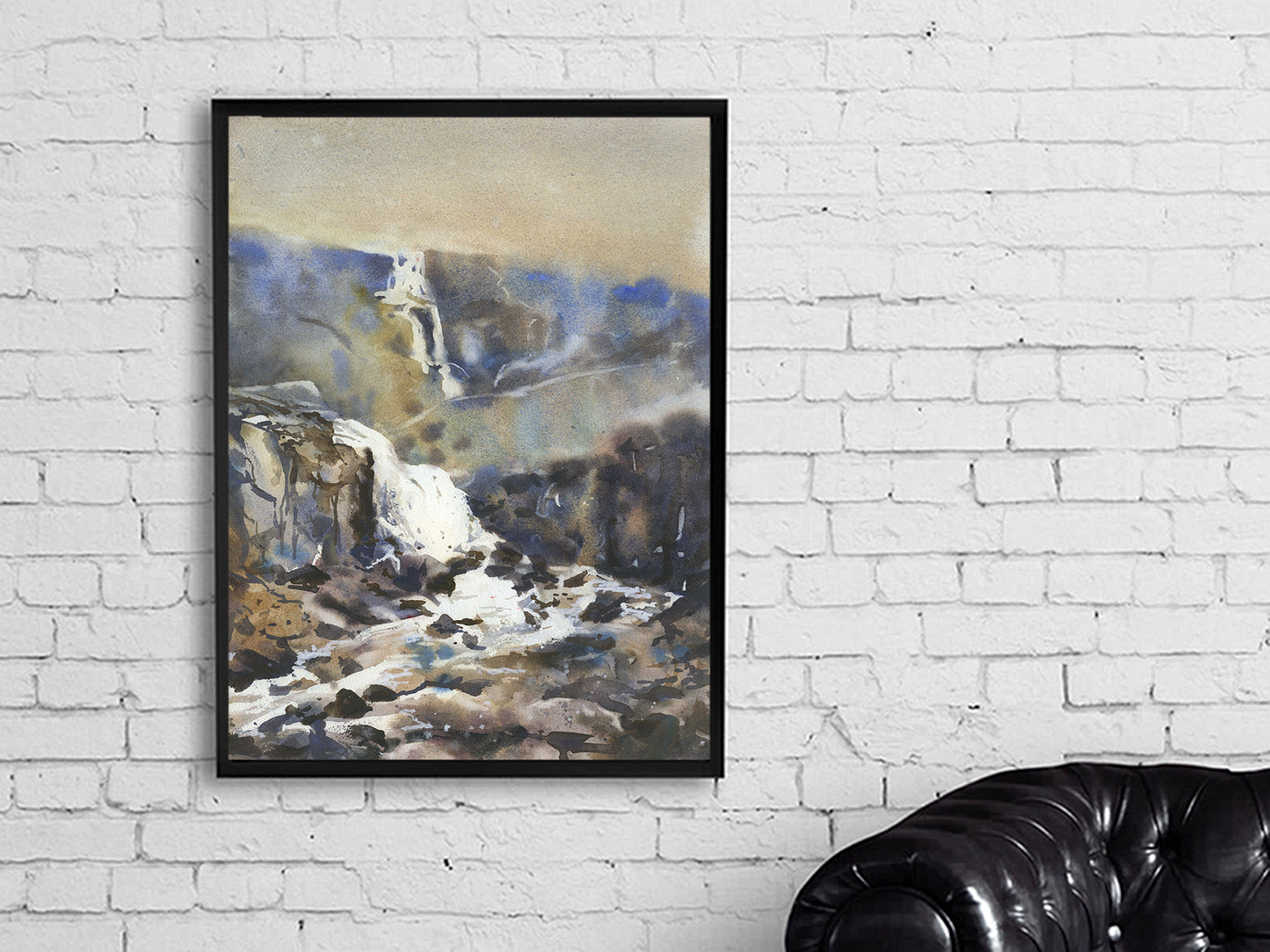 Waterfall in Iceland fine art painting.  Icelandic waterfall landscape painting nature art home decor (print)