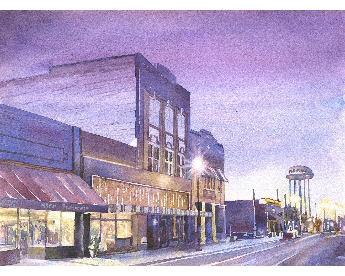 Watertower and storefronts of Farmville, NC. Watercolor painting small town America street scene purple yellow sunset (print)