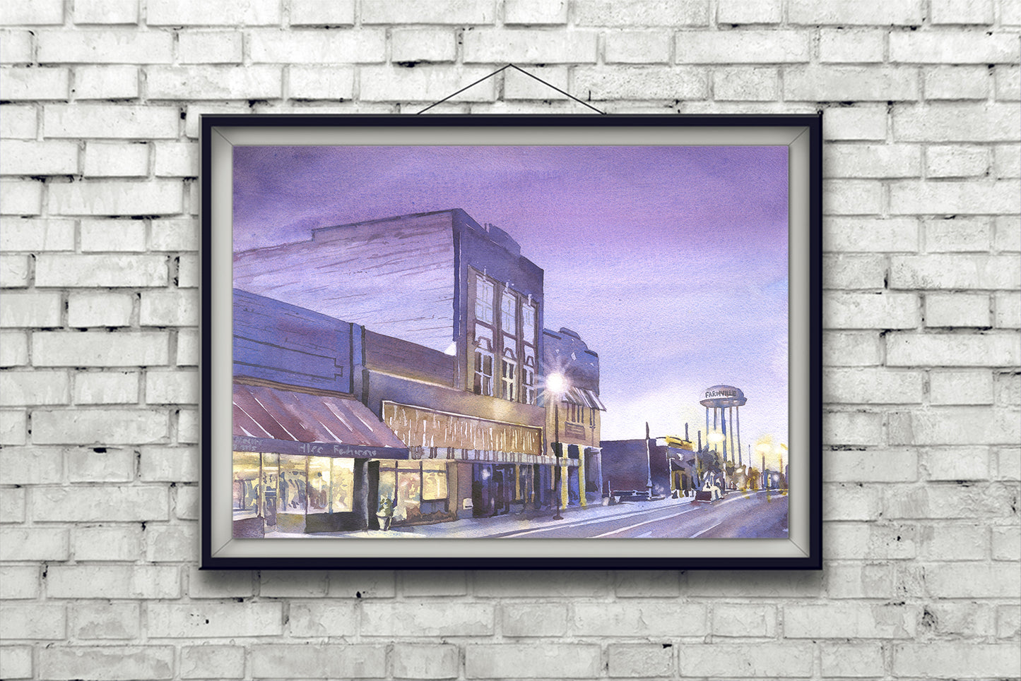 Watertower and storefronts of Farmville, NC. Watercolor painting small town America street scene purple yellow sunset (print)