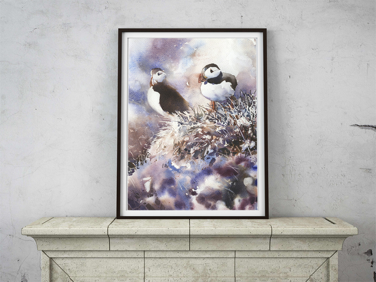 Icelandic puffin fine art watercolor painting.  Watercolor painting Puffin Iceland bird artwork (print)