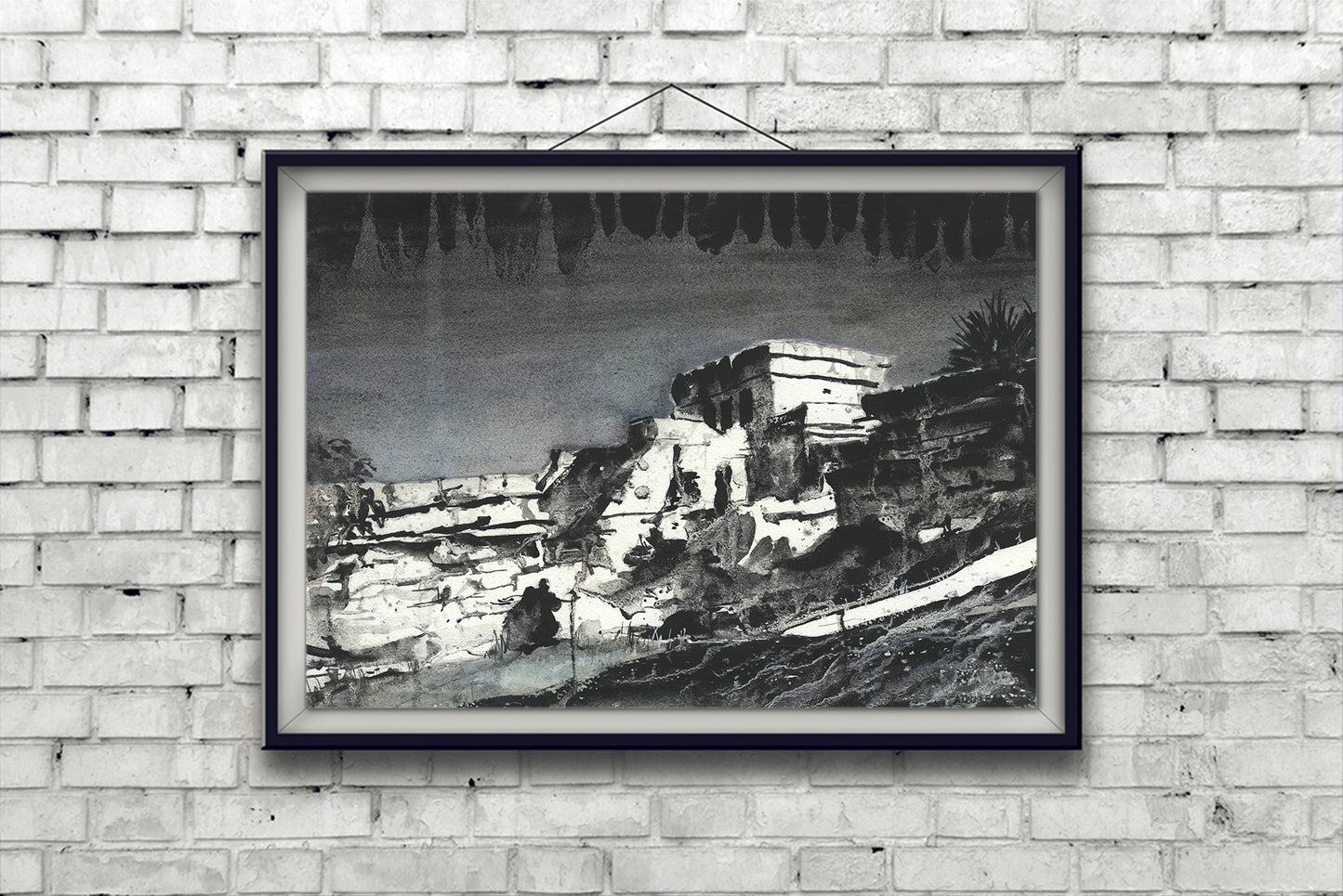 Mayan ruins at beach of Tulum in Mexico.  Watercolor painting Mayan ruins in Tulum in Yucatan Peninsula- Mexico.  Black white art (original)