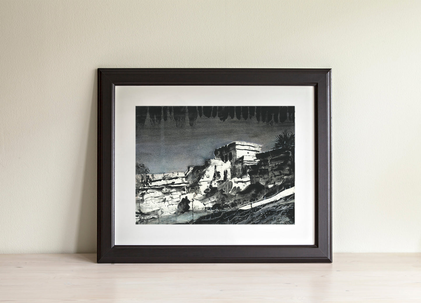 Mayan ruins at beach of Tulum in Mexico.  Watercolor painting Mayan ruins in Tulum in Yucatan Peninsula- Mexico.  Black white art (original)