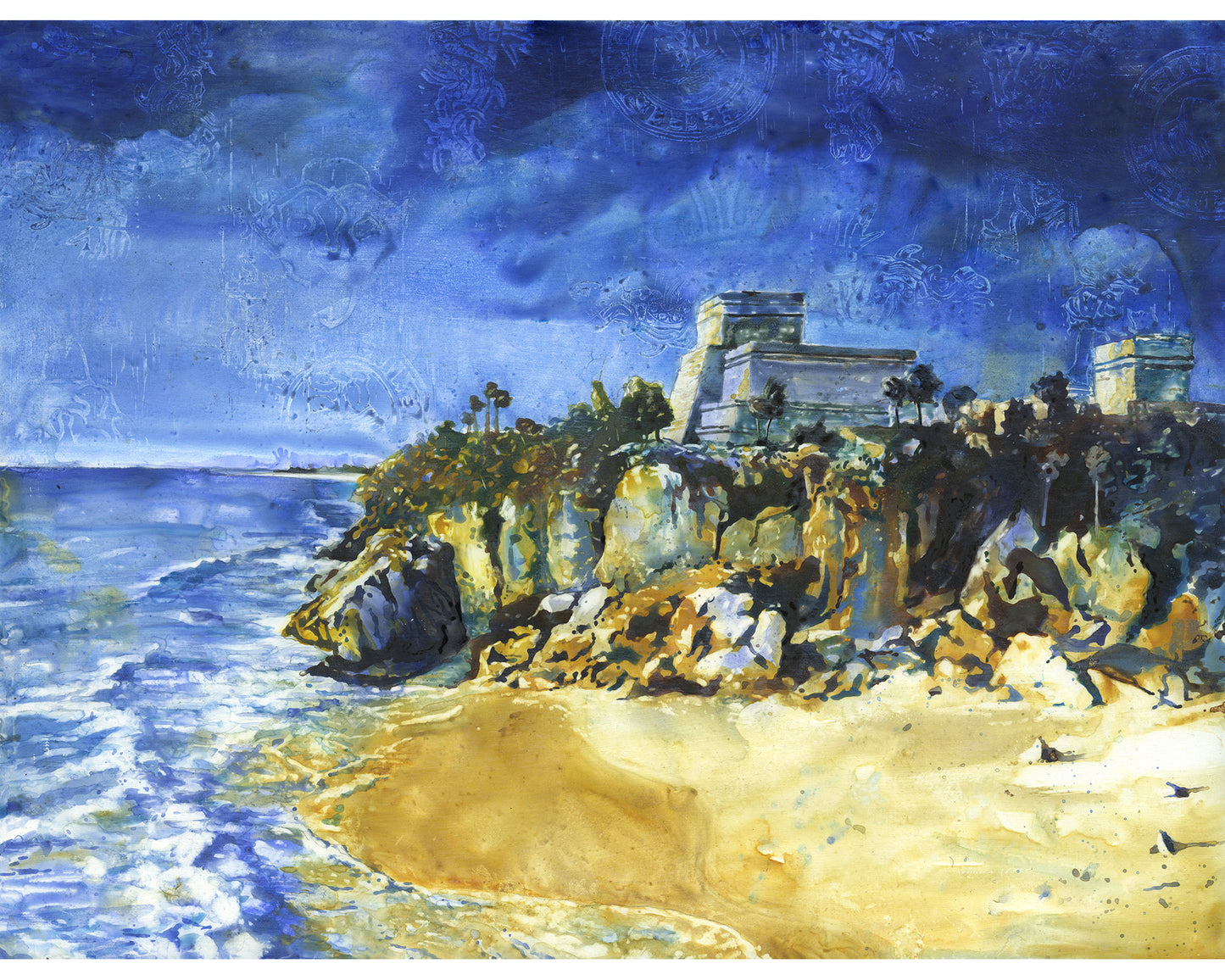 Mayan ruins at beach of Tulum in Mexico.  Watercolor painting of Mayan ruins in Tulum in Yucatan Peninsula- Mexico (original)