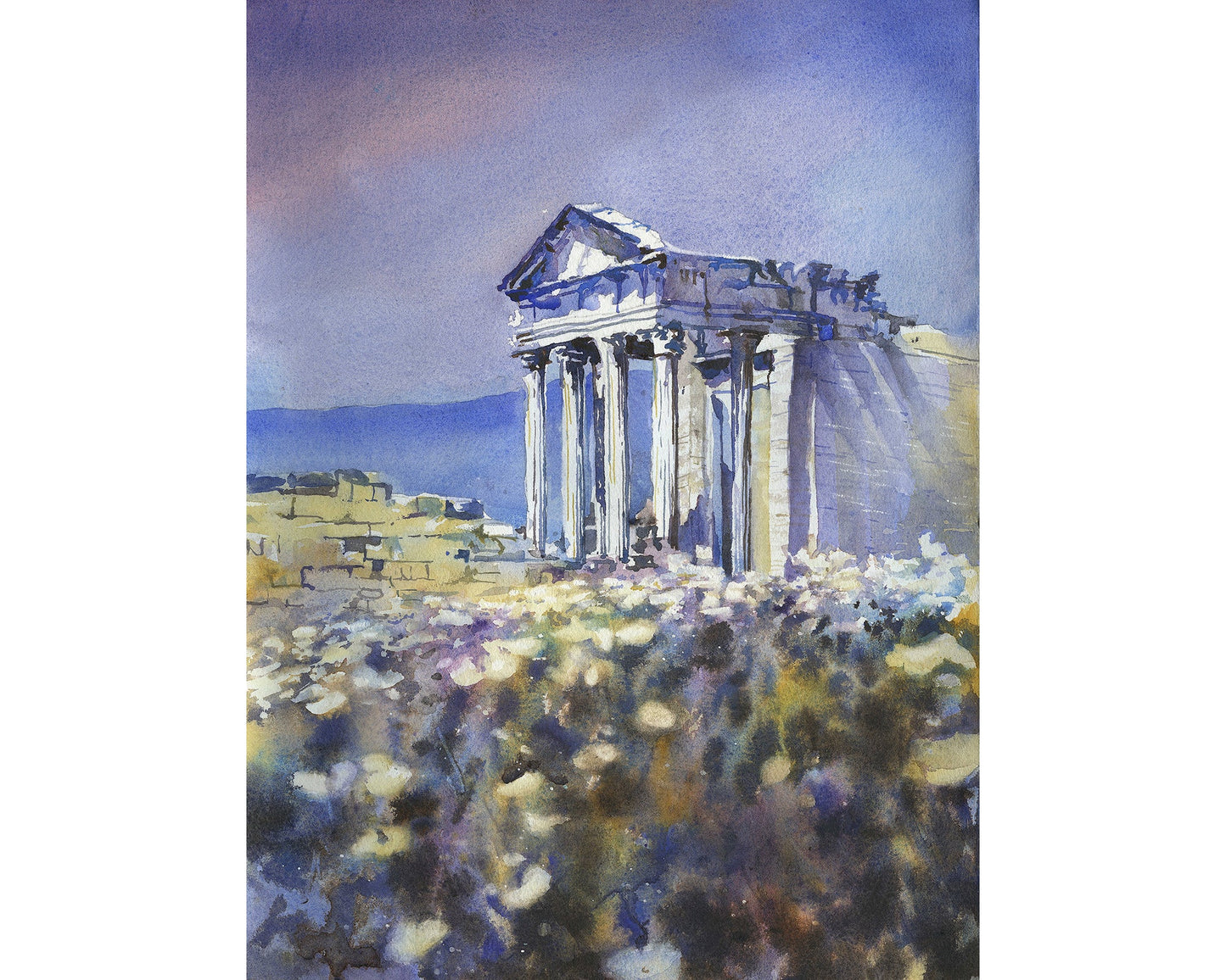 Pintura del templo romano en las ruinas de Dougga en Túnez-África. Ruinas romanas Túnez acuarela pintura bellas artes (original)