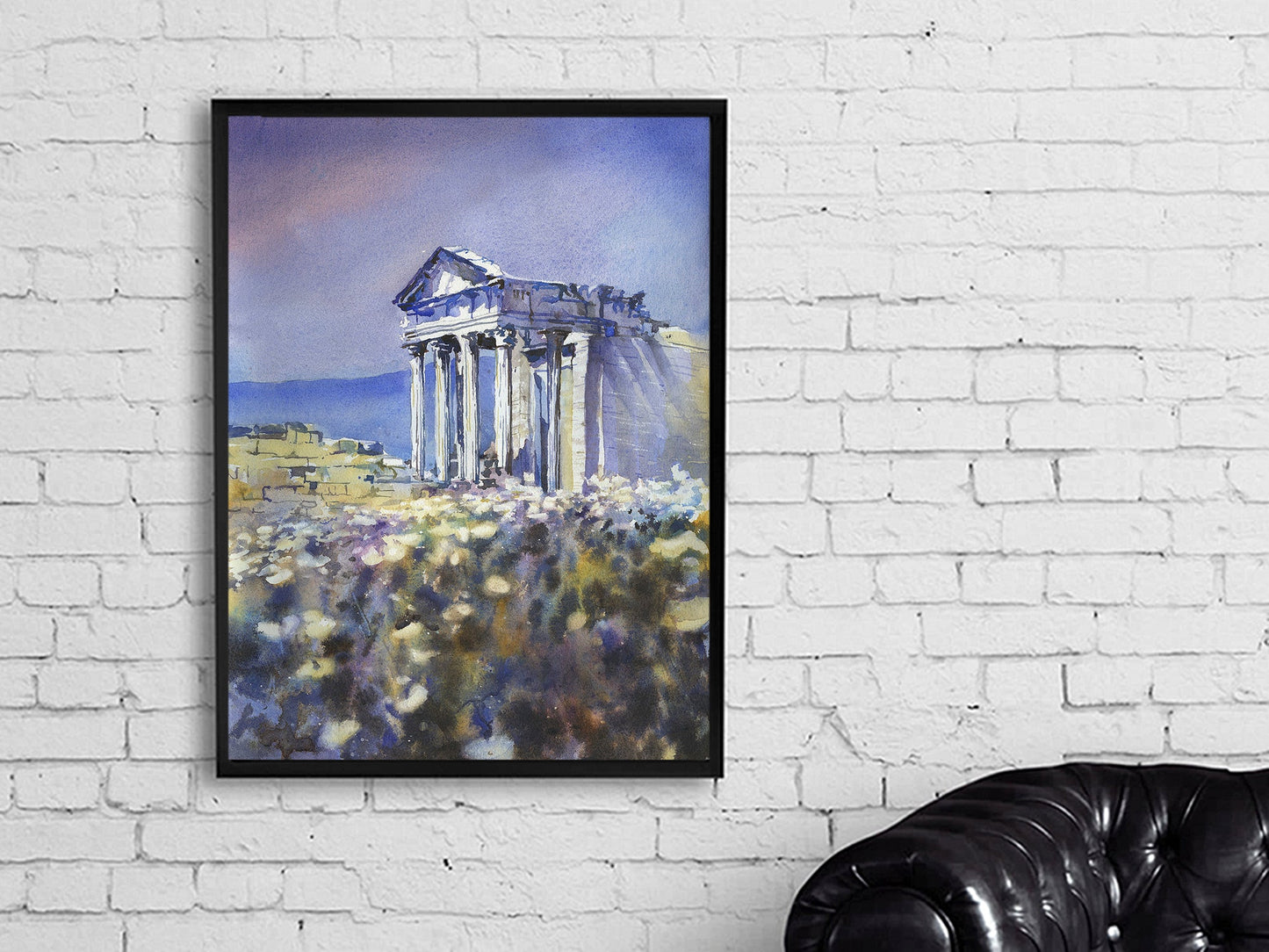 Pintura del templo romano en las ruinas de Dougga en Túnez-África. Ruinas romanas Túnez acuarela pintura bellas artes (original)
