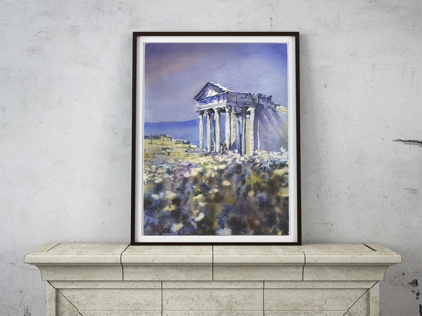 Pintura del templo romano en las ruinas de Dougga en Túnez-África. Ruinas romanas Túnez acuarela pintura bellas artes (original)