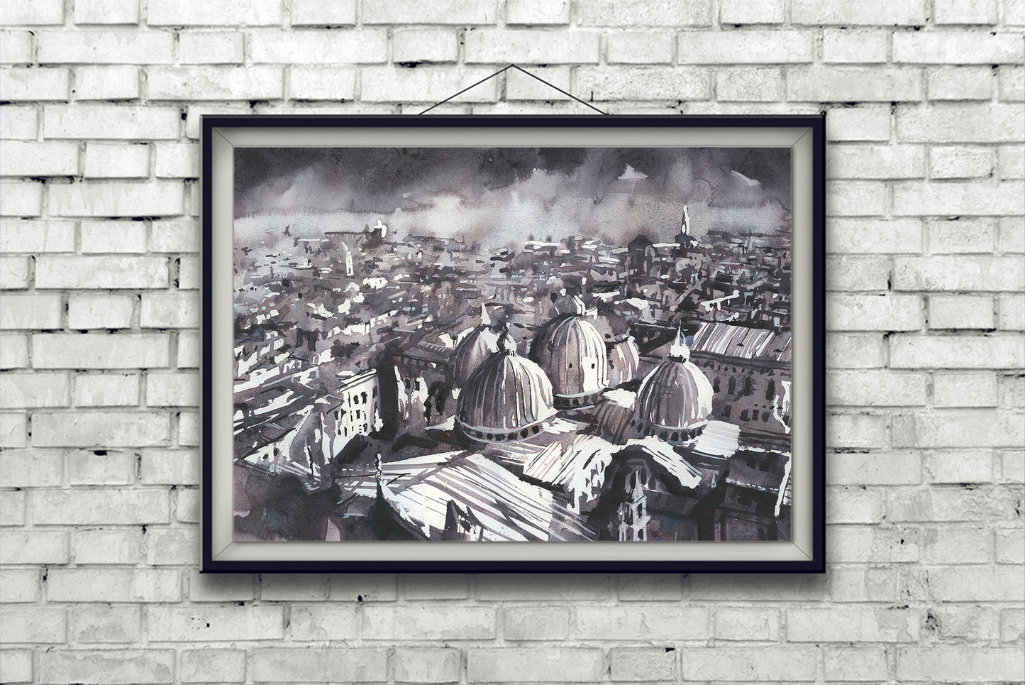 Aerial view of Venice in expressive watercolor, featuring rooftops and canals in soft tonal shades.