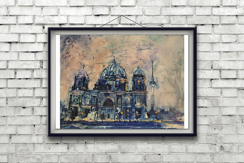 Catedral de Berlín, Alemania por la noche. Pintura de acuarela de bellas artes de la Catedral en el centro de Berlín Alemania, bellas artes de Berlín (original)