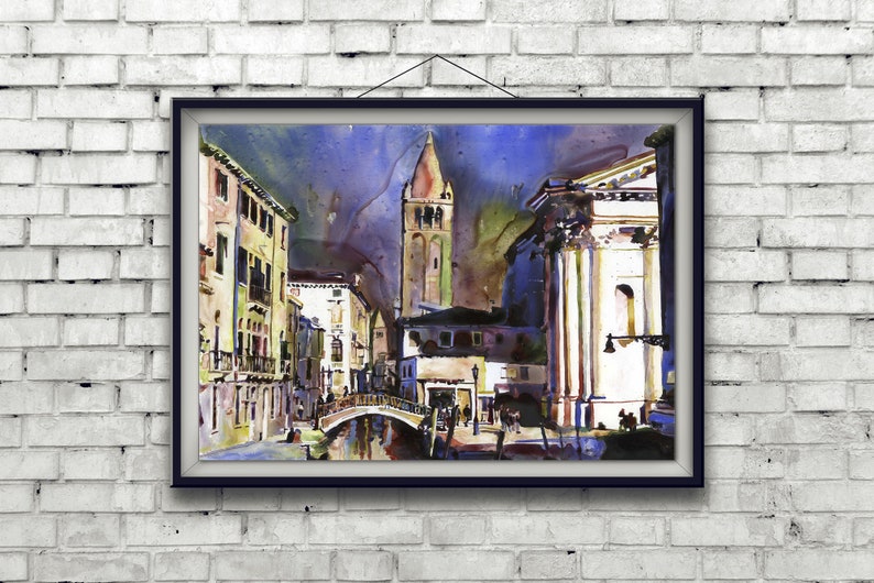 Fine art watercolor of Venice Italy featuring Santa Maria del Soccorso and historic waterways.