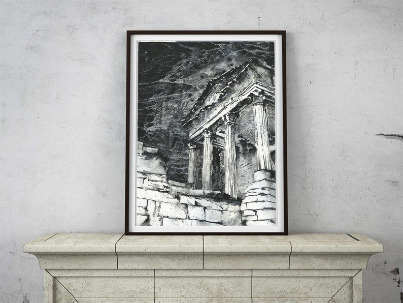 Ruinas del templo romano en las ruinas de Dougga-Túnez del siglo II. Ruinas romanas del Templo del Capitolio Dougga cerca de Teboursouk, Túnez. pintura original