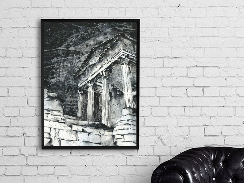 Ruinas del templo romano en las ruinas de Dougga-Túnez del siglo II. Ruinas romanas del Templo del Capitolio Dougga cerca de Teboursouk, Túnez. pintura original