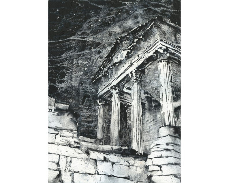 Templo romano en las ruinas del siglo II de Dougga- Túnez. Templo del Capitolio en las ruinas romanas de Dougga, cerca de la actual Teboursouk, Túnez (impresión artística)
