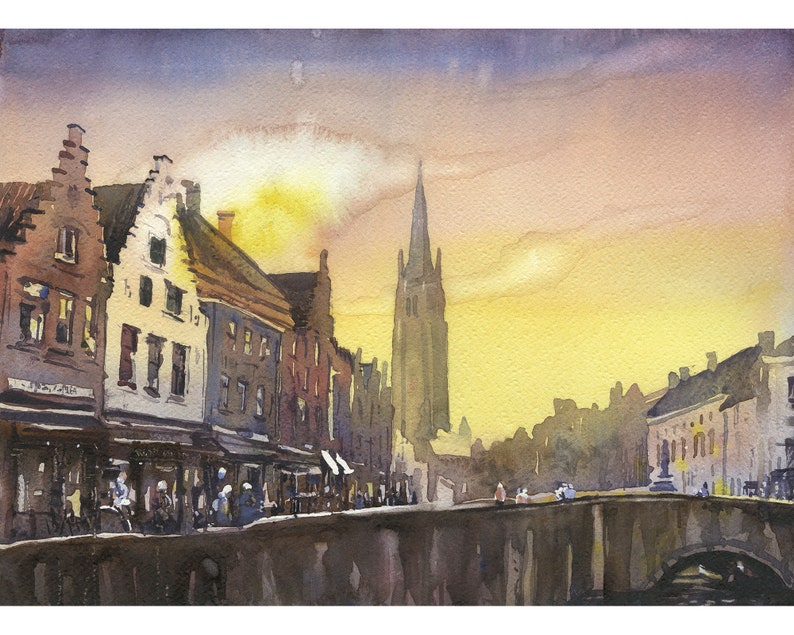 Brujas, pintura al atardecer de Bélgica. Pintura acuarela Campanario de Brujas que se eleva sobre los edificios medievales de la ciudad. Horizonte de Brujas (original)