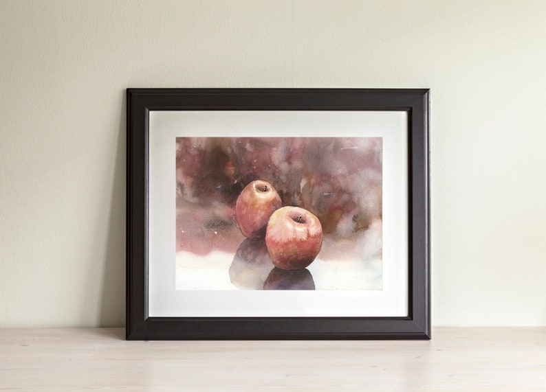 Apple still-life watercolor painting. Red apples on table watercolor painting kitchen artwork fruit still life painting red (original art)