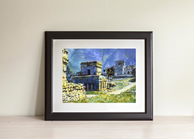 Tulum Mayan ruins in Mexico. Watercolor painting of Mayan ruins in Tulum in Yucatan Peninsula- Mexico. Watercolor painting Cancun Mexico