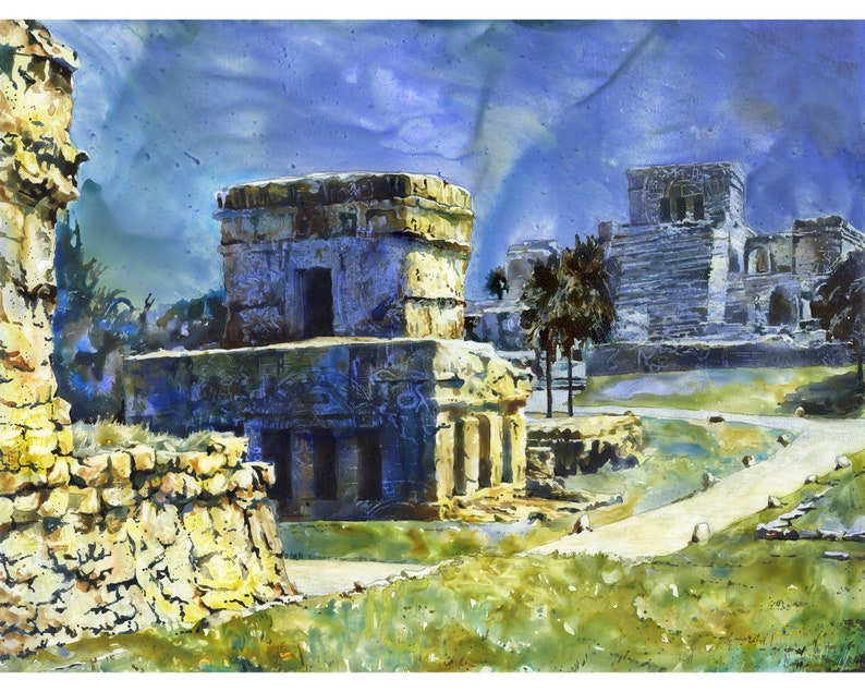 Tulum Mayan ruins in Mexico. Watercolor painting of Mayan ruins in Tulum in Yucatan Peninsula- Mexico