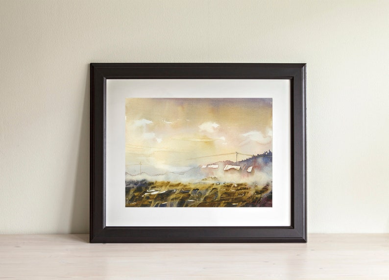 Mist covered landscape painting with buildings.  Landscape watercolor painting fine art land colorful watercolor artwork art sunset (print)