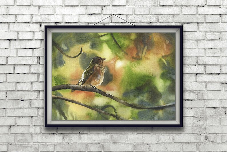 Pájaro sentado en una rama de arte verde marrón. Pequeñas obras de arte de aves decoración del hogar bokeh fondo borroso verde naturaleza obras de arte de aves (impresión)