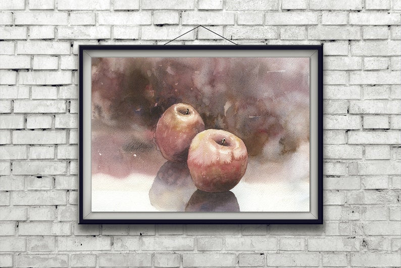 Apple still-life watercolor painting. Red apples on table watercolor painting kitchen artwork fruit still life painting red (original art)