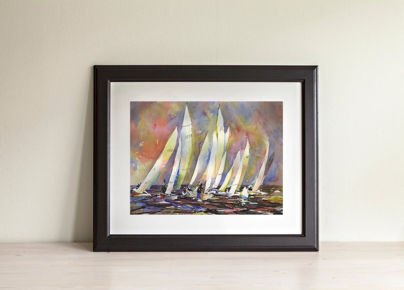 Barcos compitiendo en regata. Veleros virar alrededor de boya en regata de vela- arte náutico pintura colorida pintura de acuarela (impresión)