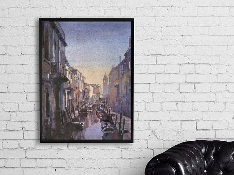 Vibrant Venice artwork featuring sunset sky, gondola boats, and historic Italian buildings.