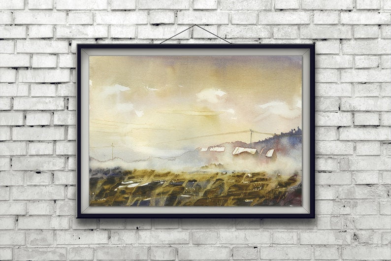Mist covered landscape painting with buildings.  Landscape watercolor painting fine art land colorful watercolor artwork art sunset (print)