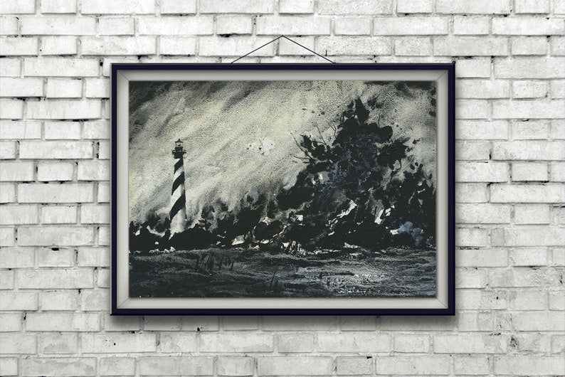 Faro de Cabo Hatteras en Outer Banks, Carolina del Norte, monocromático. Pintura de acuarela Faro de Cabo Hatteras, OBX. Faro de Carolina del Norte (original)