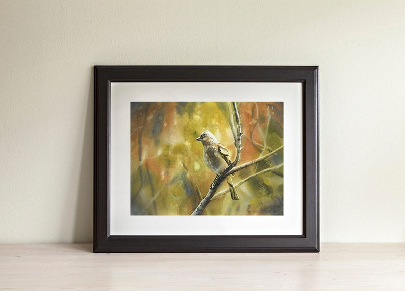 Bird sitting on branch brown green artwork. Small bird artwork home decor bokeh blurry background green nature artwork bird (original art)
