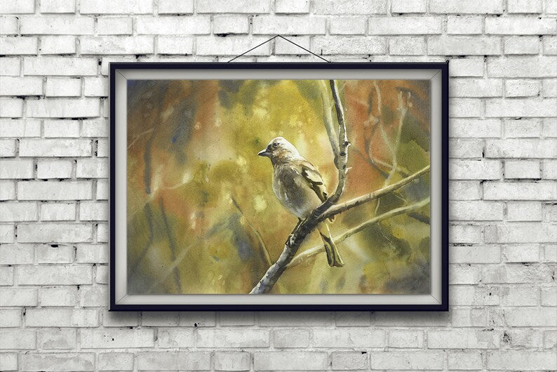 Bird sitting on branch brown green artwork. Small bird artwork home decor bokeh blurry background green nature artwork bird (original art)