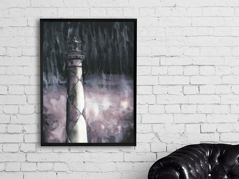 Faro de Cape Lookout en Outer Banks, Carolina del Norte. Obra de arte monocromática en BW Faro de Cape Lookout Obra de arte en blanco y negro OBX (impresión)