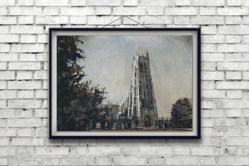Duke Chapel watercolor art print featuring the iconic university tower surrounded by lush greenery, ideal for alumni presents or Duke University home decor.