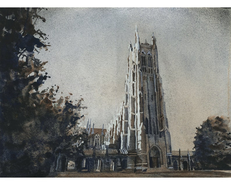 A beautiful watercolor painting of Duke Chapel in Durham, NC, perfect as a university artwork and meaningful graduation gift for him or her, showcasing gothic architecture under a vibrant Carolina sky.
