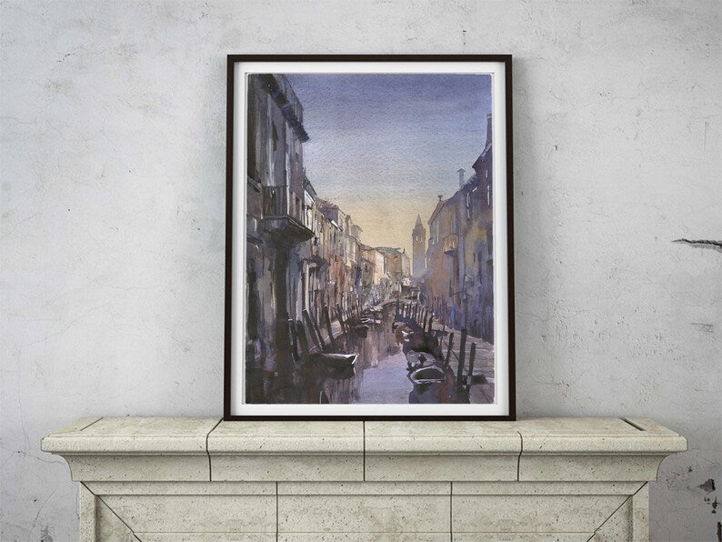 Fine art watercolor of medieval Venice with sunset hues lighting up the historic skyline.
