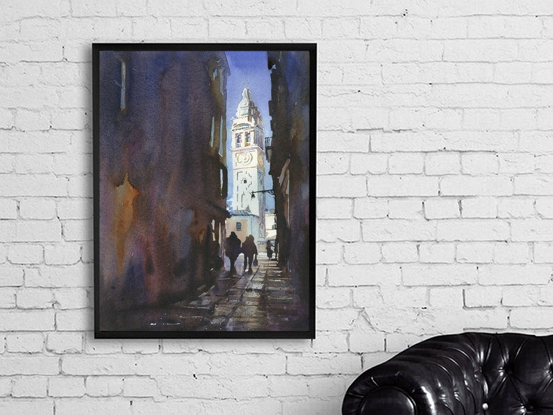 Vibrant Venice artwork featuring historic church architecture and narrow, bustling alleyways.