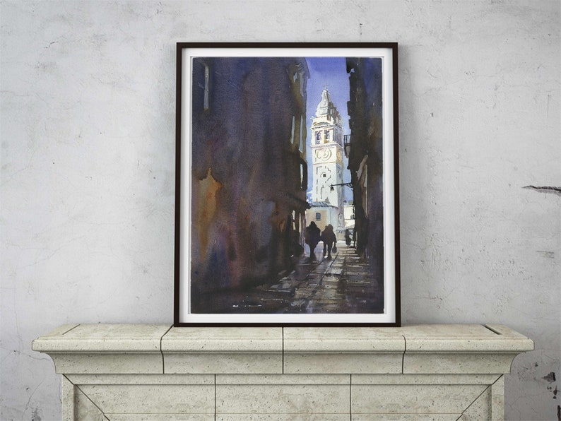Watercolor painting capturing Venice’s medieval charm with a towering church and busy streets.
