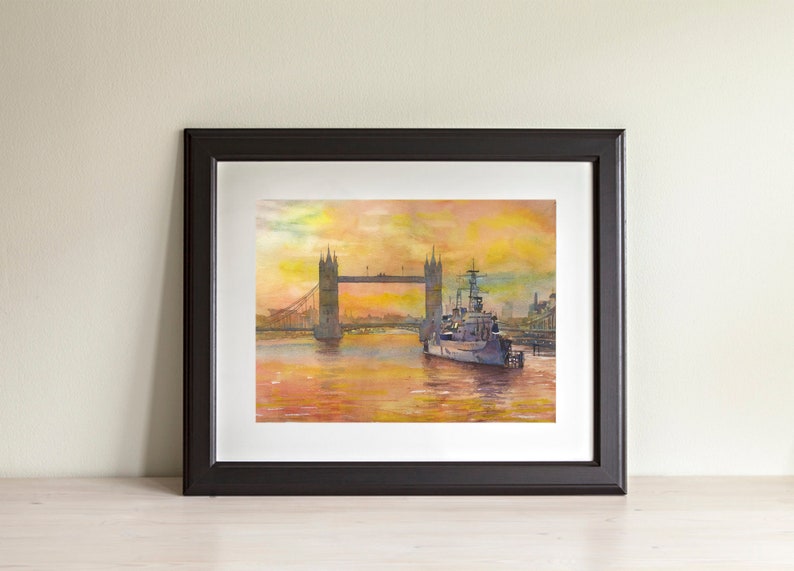Tower Bridge and boat on River Thames at dusk- London, England. London skyline bridge artwork sunset. Watercolor painting London Bridge