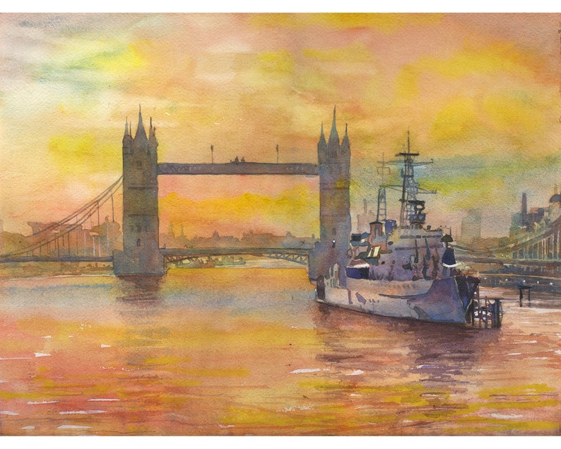 Tower Bridge and boat on River Thames at dusk- London, England. London skyline bridge artwork sunset. Watercolor painting London Bridge