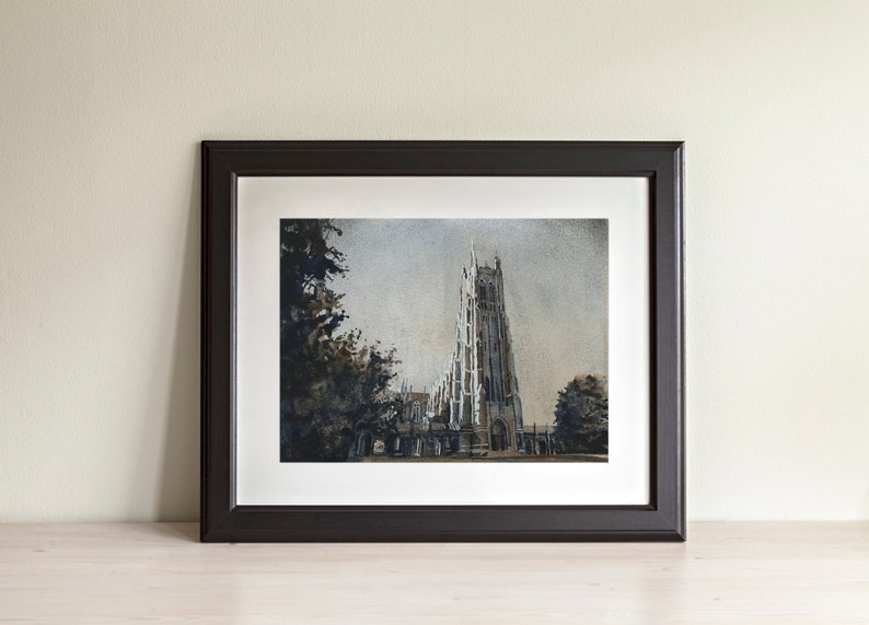 Hand-painted watercolor of Duke Chapel, a popular graduation gift and alumni keepsake, with soft brushstrokes capturing the historic spirit of Duke University.