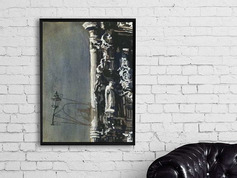 Guanajuato alleyway at night – Mexico watercolor showing quiet charm and rustic architecture under streetlight glow—ideal for lovers of moody cityscapes.