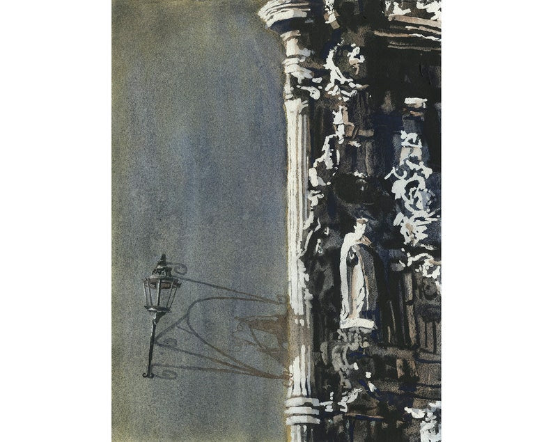 Atmospheric watercolor of a narrow alley in Guanajuato at night, capturing glowing windows and dramatic shadows—great for stylish home wall art or travel gifts.