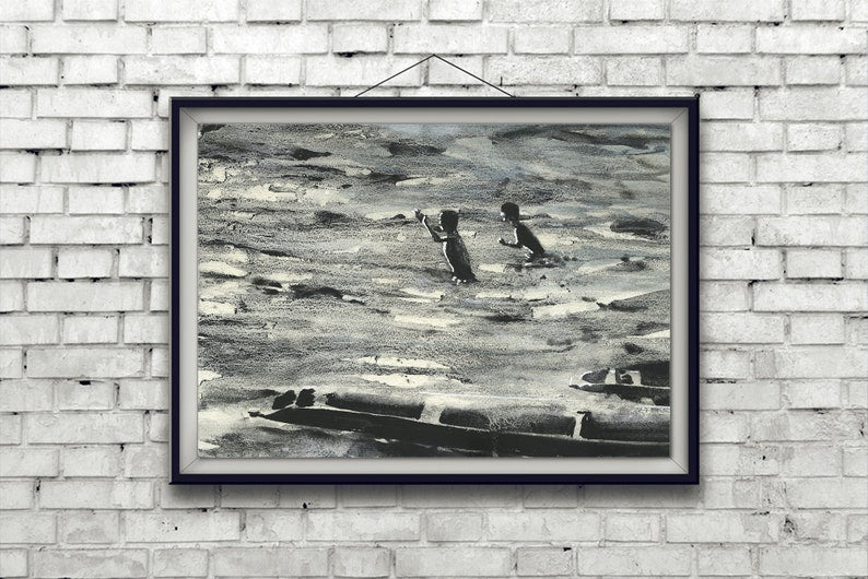Niños jugando en el río Mekong- Laos. Pintura monocromática de acuarela para niños en el río Sudeste Asiático, obras de arte de Laos. Niños jugando al río (imprimir)
