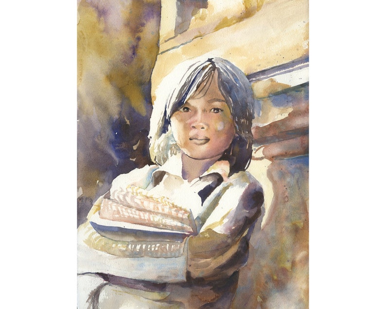 Niña camboyana fuera de las ruinas de Angkor Wat. Chica jemer Angkor Wat bellas artes Persona camboyana chica obra de arte Angkor Wat ruinas Camboya (impresión)