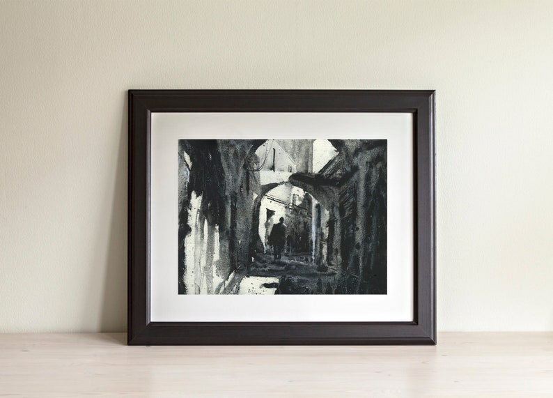 Pintura monocromática de callejón en la medina de Túnez, Túnez. Obra de arte en blanco y negro Túnez callejón acuarela Túnez negro blanco medina (original)